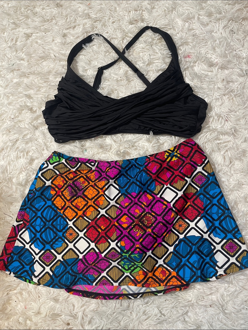 a.n.a Black Swim Top Size 10 Geometric colorful skirt bottom Size S Mix & Match